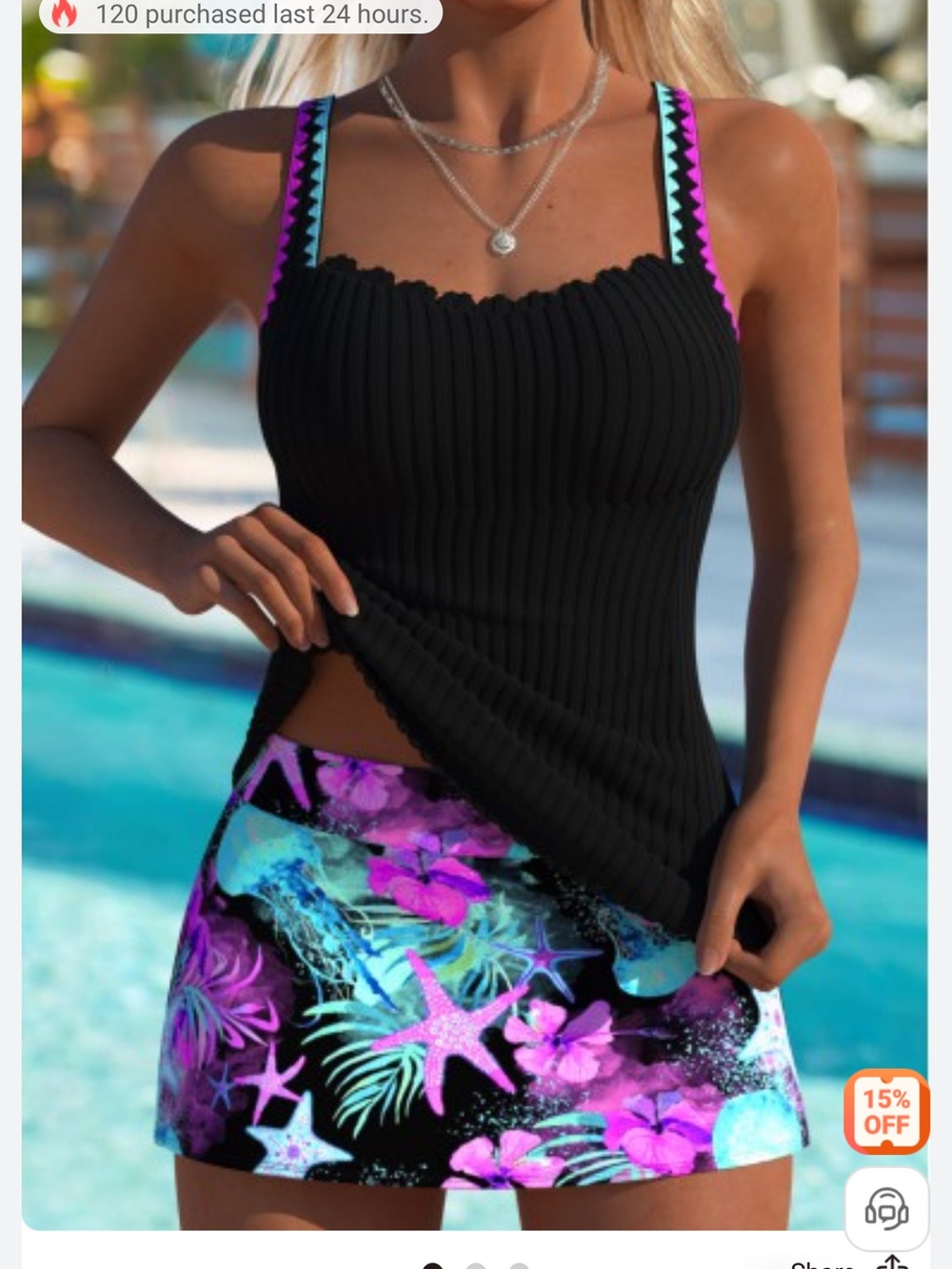 Black Ribbed Tankini Top with Neon Trim & Tropical Skirt Swimsuit NWT